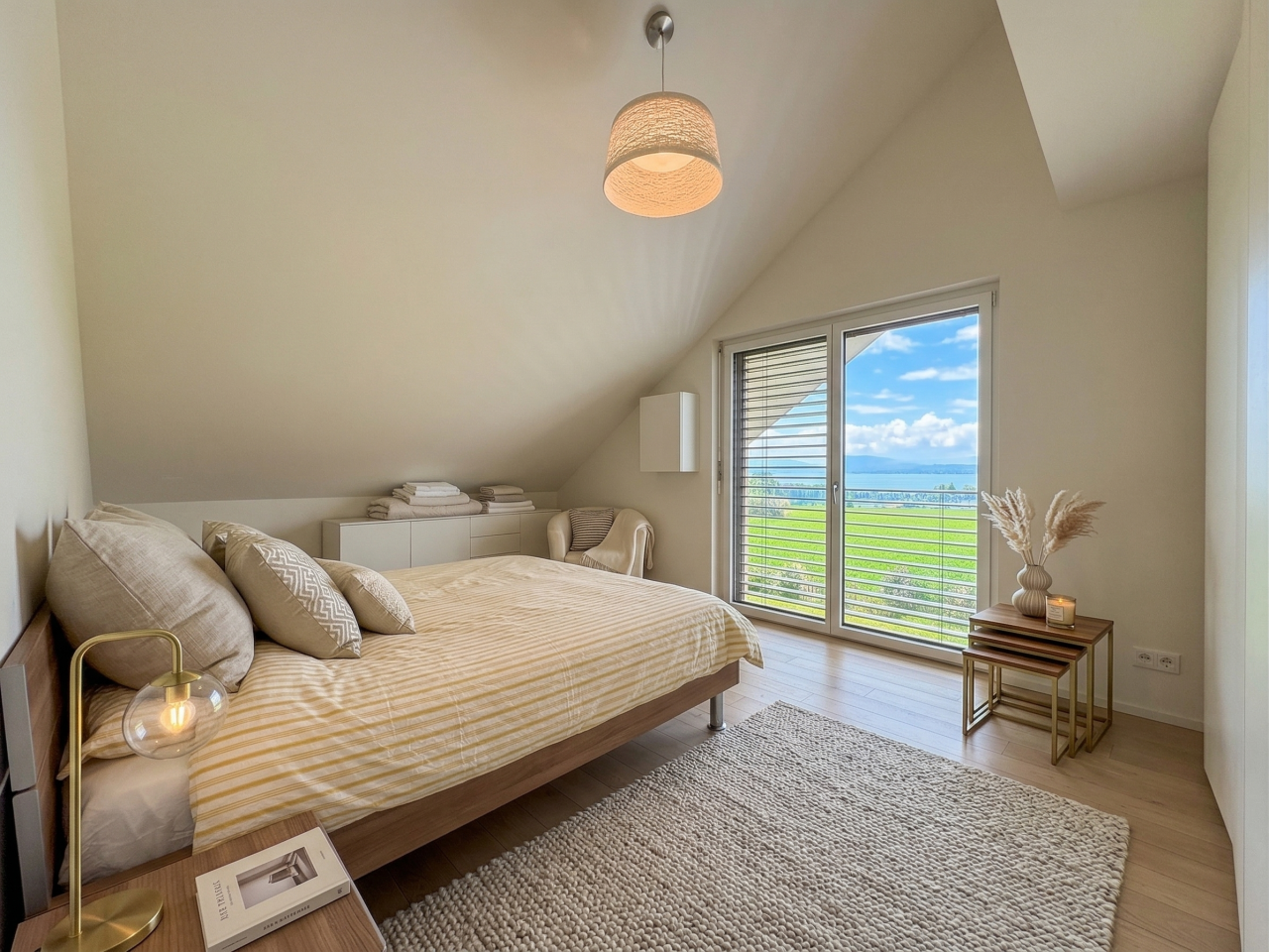 Helles Schlafzimmer mit Dachschräge und Seeblick