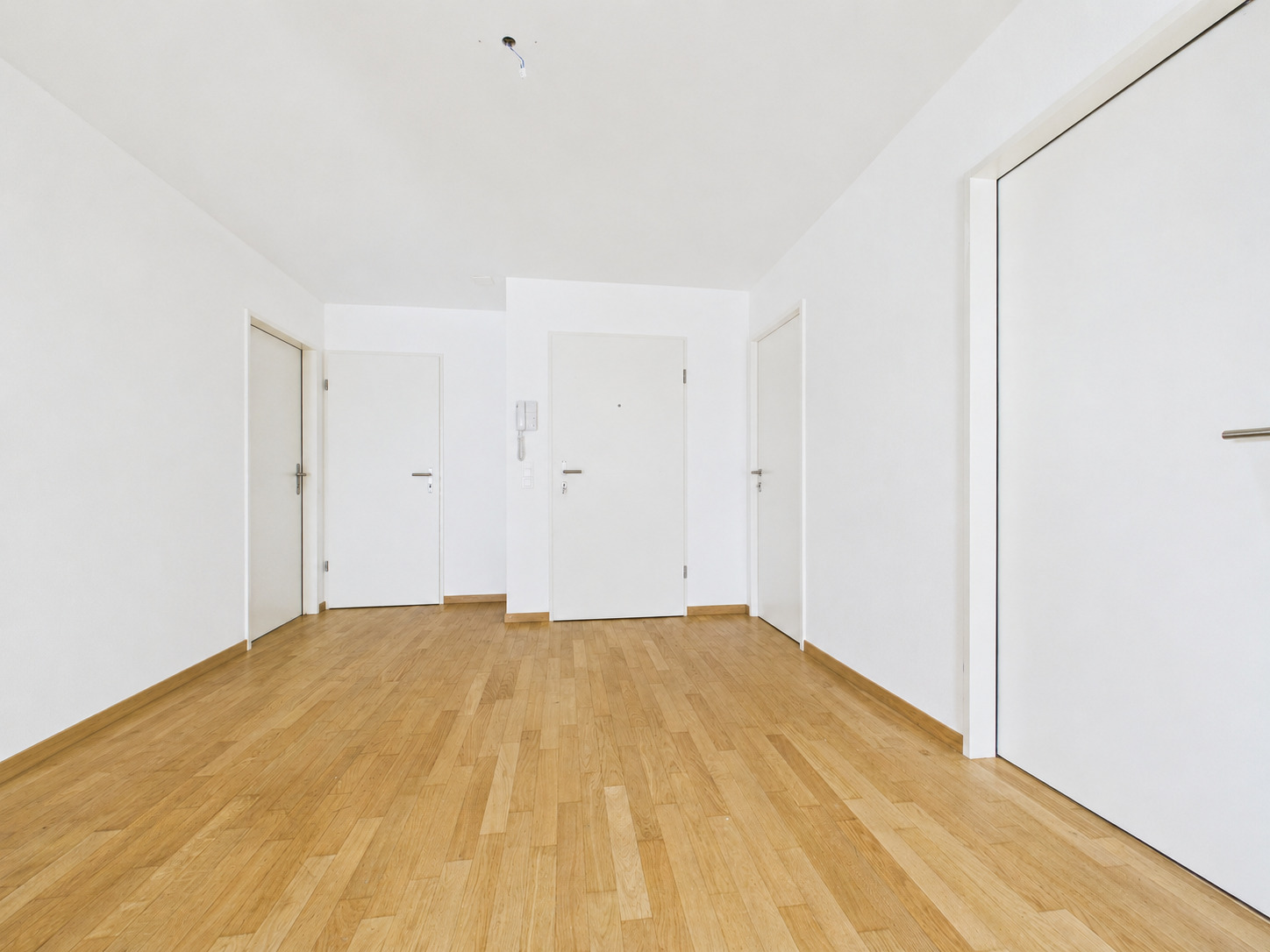 Heller Flur mit Holzparkett und mehreren weißen Türen