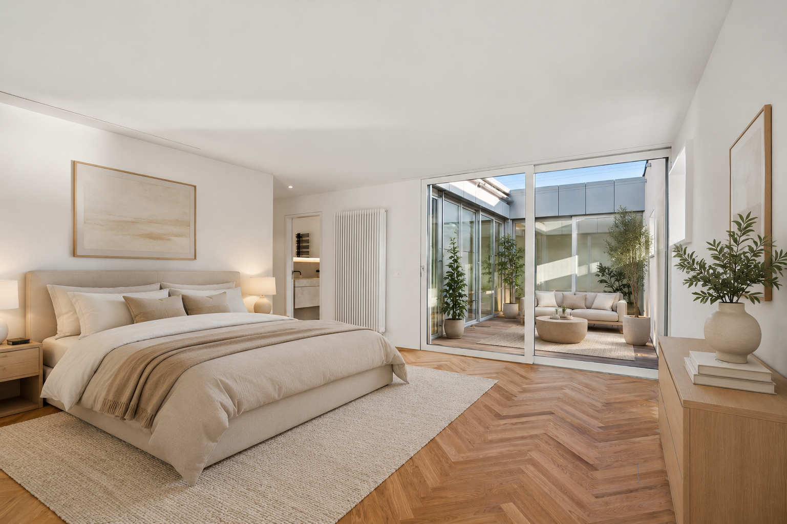 Helles Schlafzimmer mit Terrasse