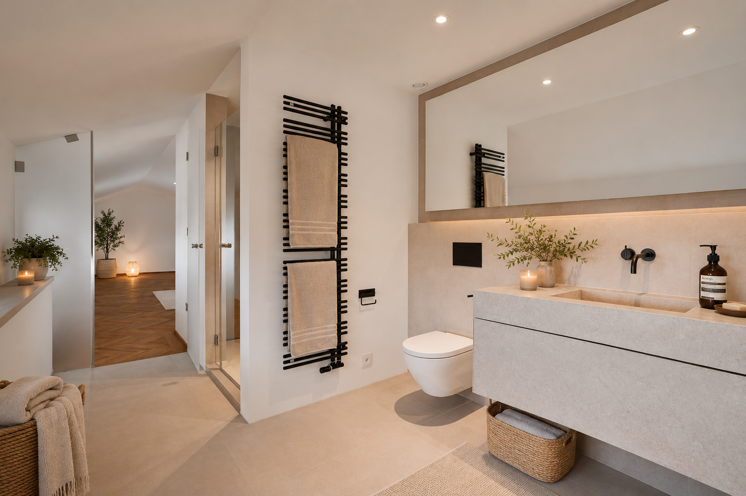 Modernes Badezimmer mit Naturstein-Waschtisch