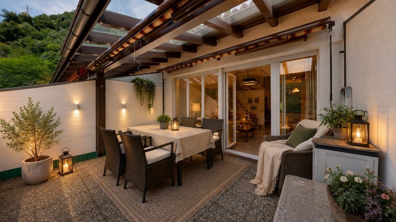 Überdachte Terrasse mit Sitz- und Essbereich