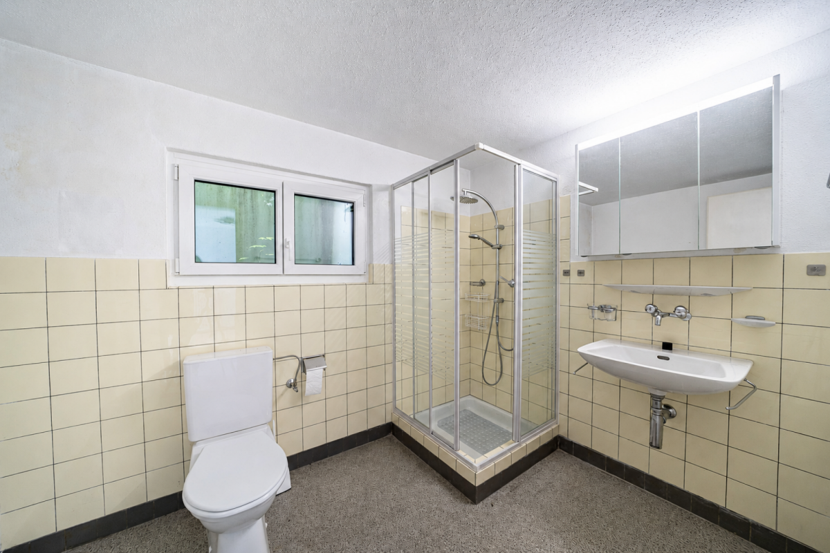 Badezimmer mit Dusche, WC und Waschbecken