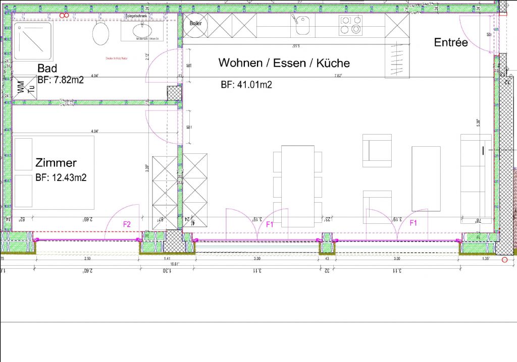 Grundriss einer Wohnung mit Wohnen/Essen/Küche, Bad, Zimmer und Entrée