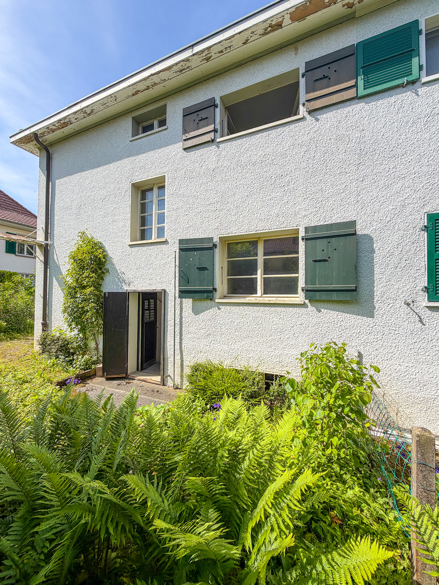 Weiße Hausfassade mit grünen Fensterläden