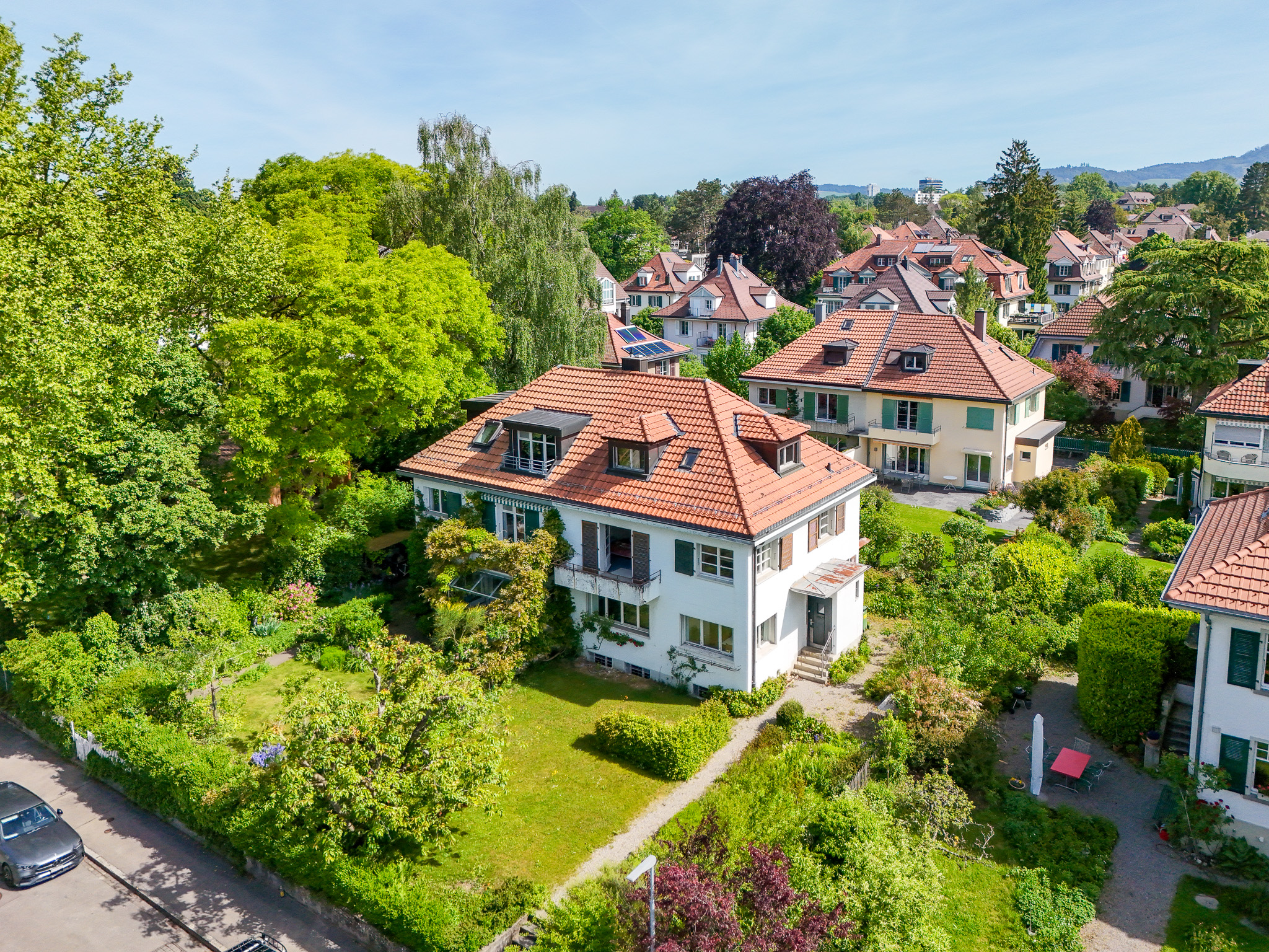 Luftaufnahme eines grünen Wohnviertels mit Villen