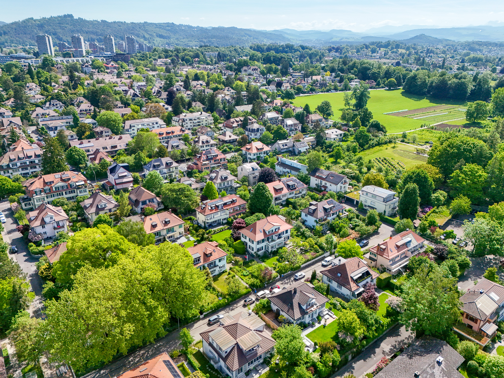 Luftaufnahme eines grünen Wohnviertels mit Häusern und Landschaft