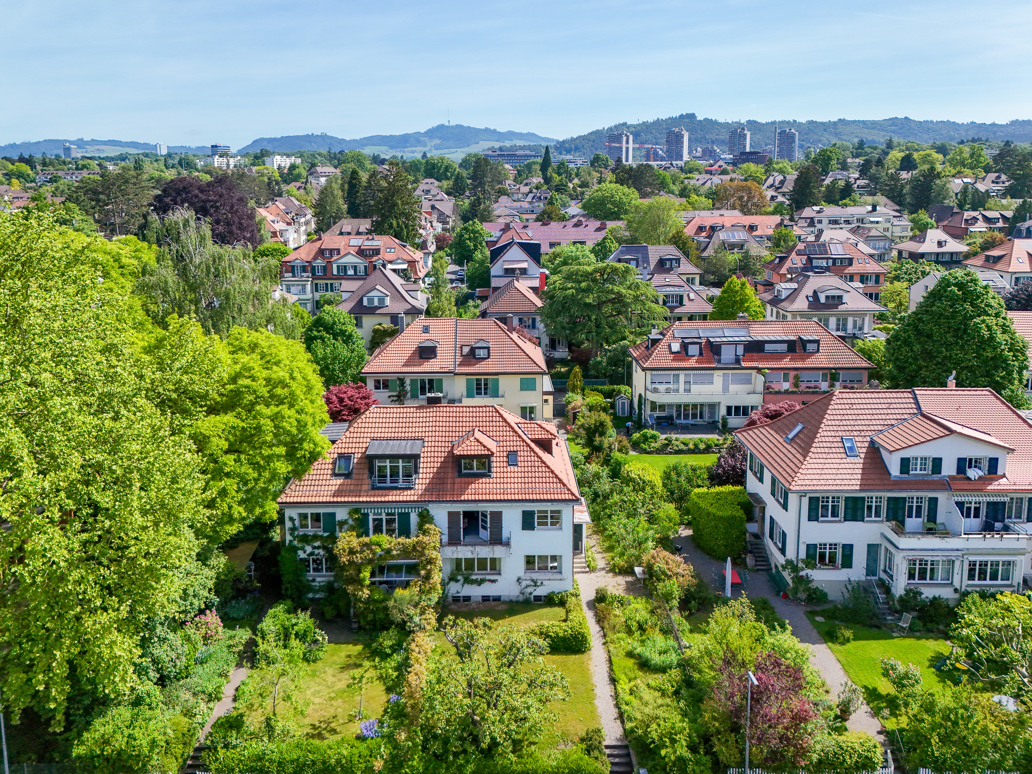 Luftaufnahme eines grünen Wohnviertels mit Einfamilienhäusern