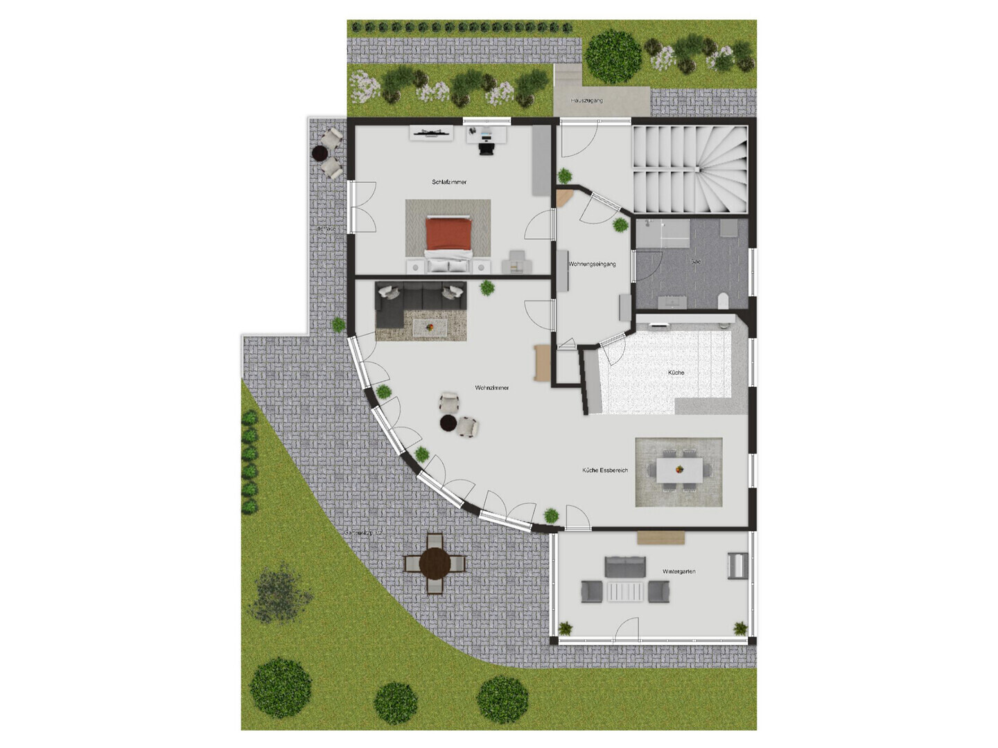 Grundriss mit Haus, Garten und Wintergarten