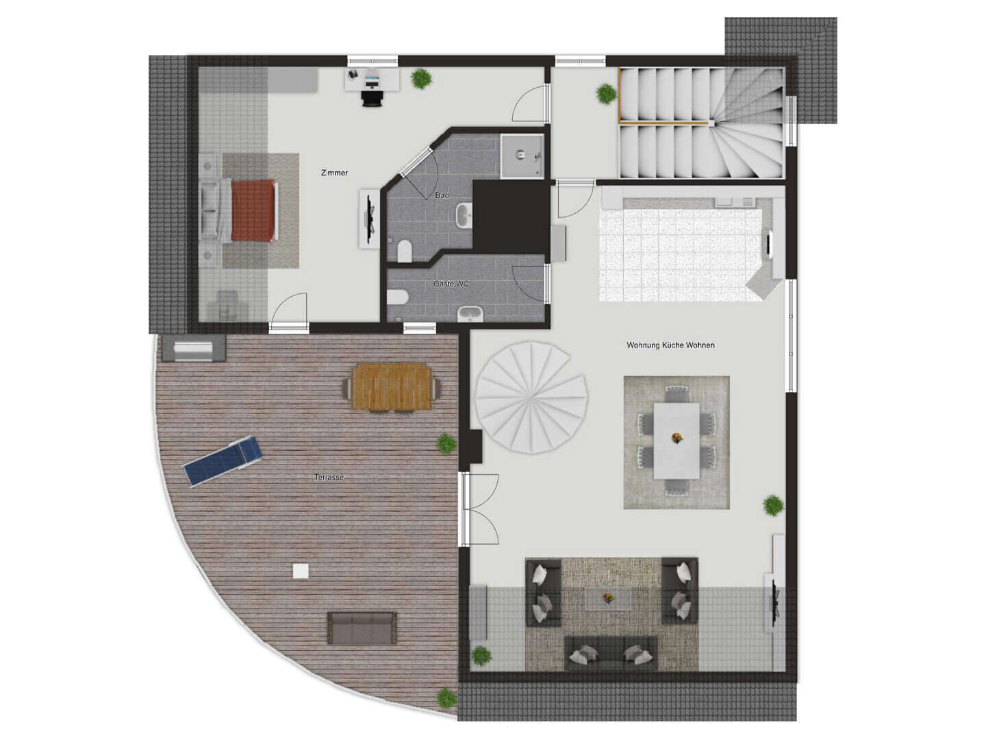 Grundriss einer Wohnung mit Terrasse und Dachgeschoss