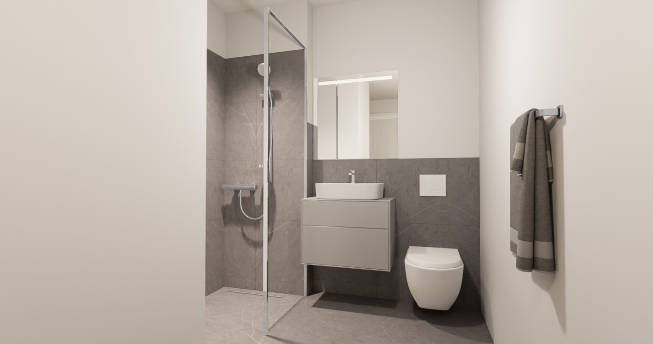 Modernes Badezimmer mit begehbarer Dusche und Wand-WC