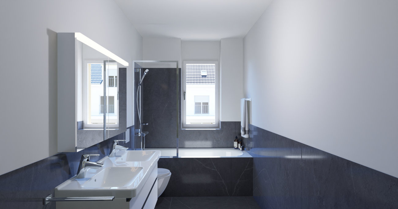 Modernes Badezimmer mit Badewanne und Doppelwaschtisch