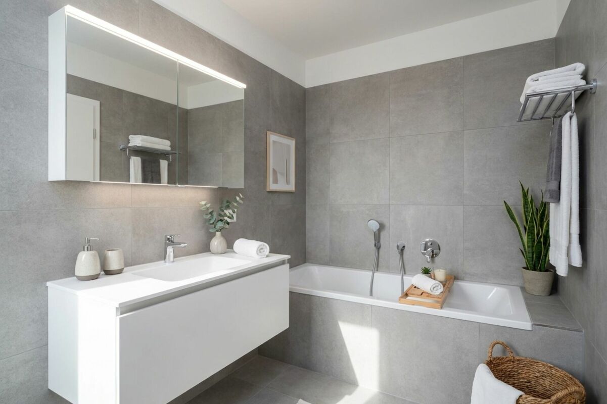 Modernes Badezimmer mit Badewanne und Waschtisch
