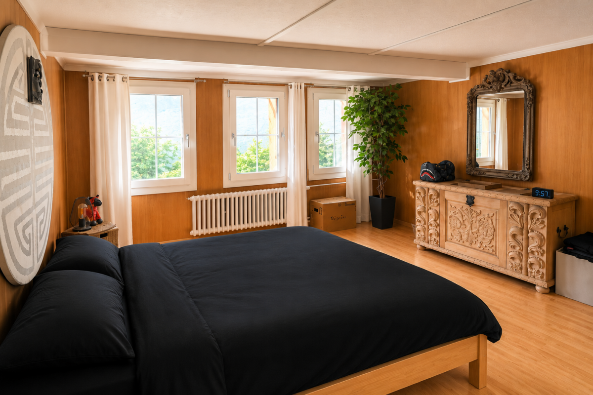 Schlafzimmer mit warmen Holzvertäfelungen