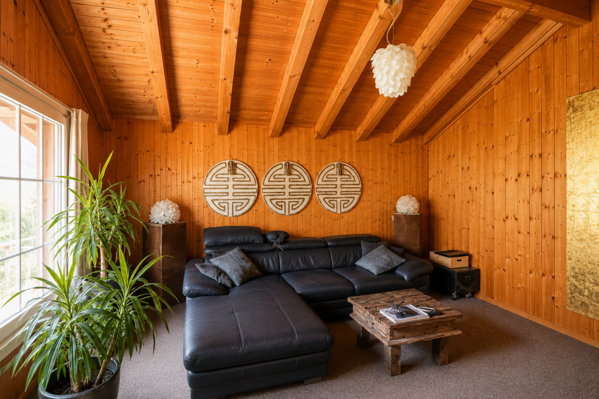 Gemütliches Holzwohnzimmer mit schwarzer Eckcouch