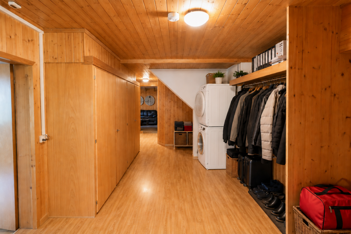 Holzverkleideter Flur mit Waschturm und Garderobe