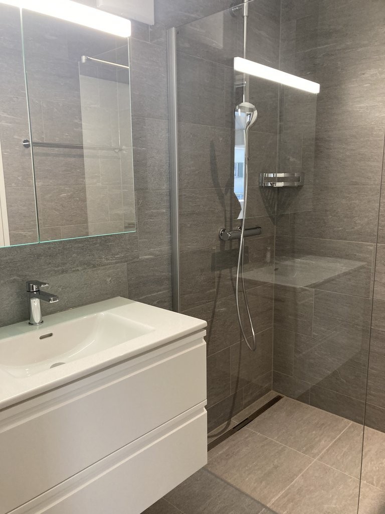 Modernes Badezimmer mit Walk-in-Dusche und Waschtisch