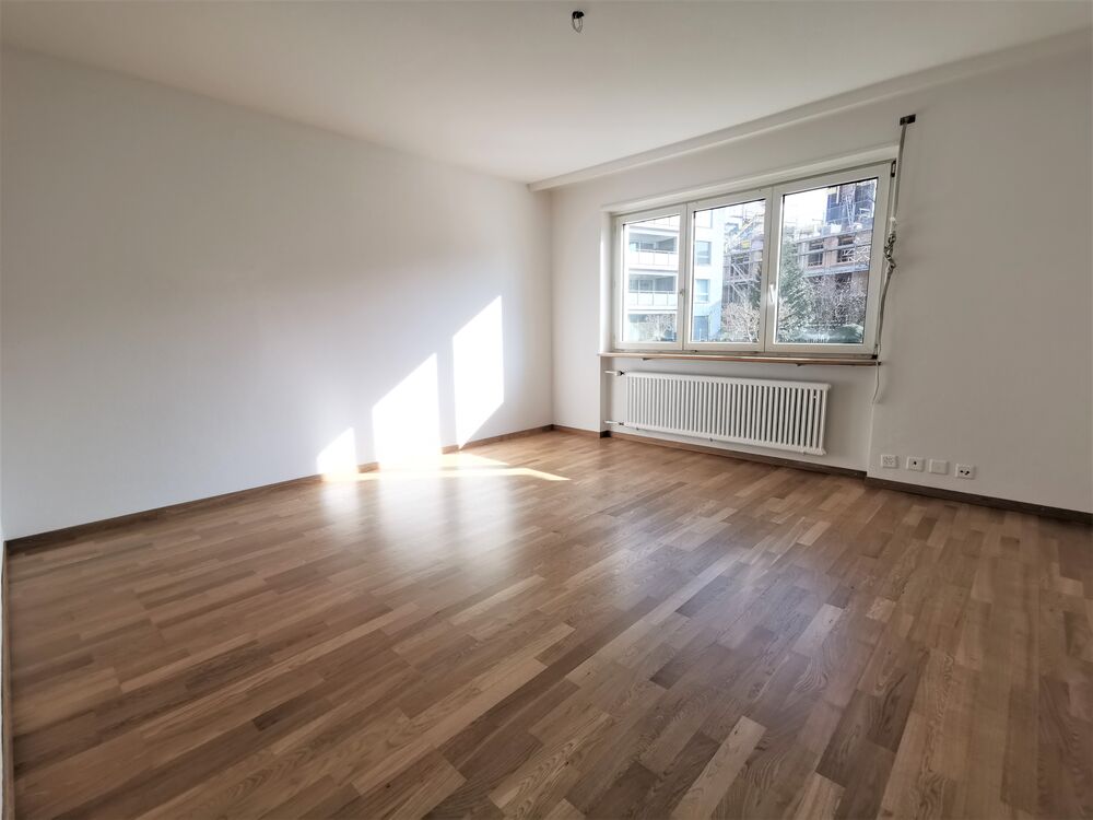 Leerer Wohnraum mit Parkettboden und Fenster