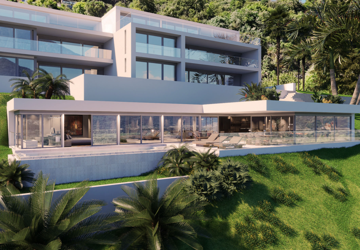 Modernes Hanghaus mit großen Glasfronten