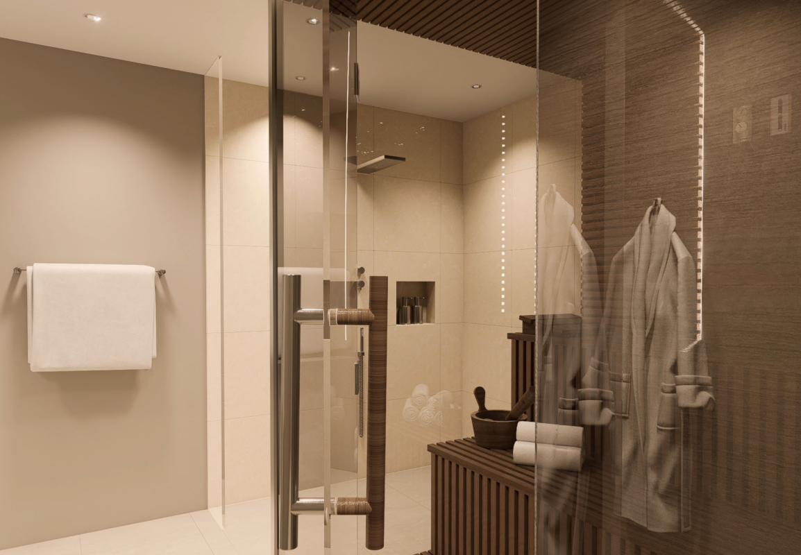 Luxuriöses Bad mit Glasdusche und Sauna-Bereich