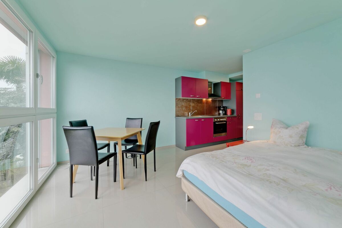 Helles Wohn-Schlafzimmer mit Küchenzeile