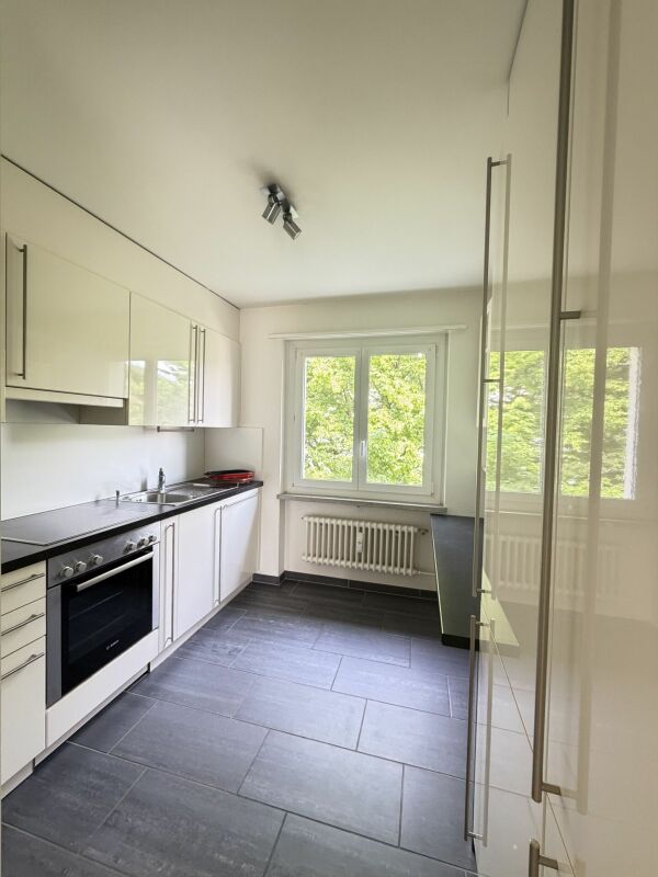 Helle, schmale Küche mit Fenster