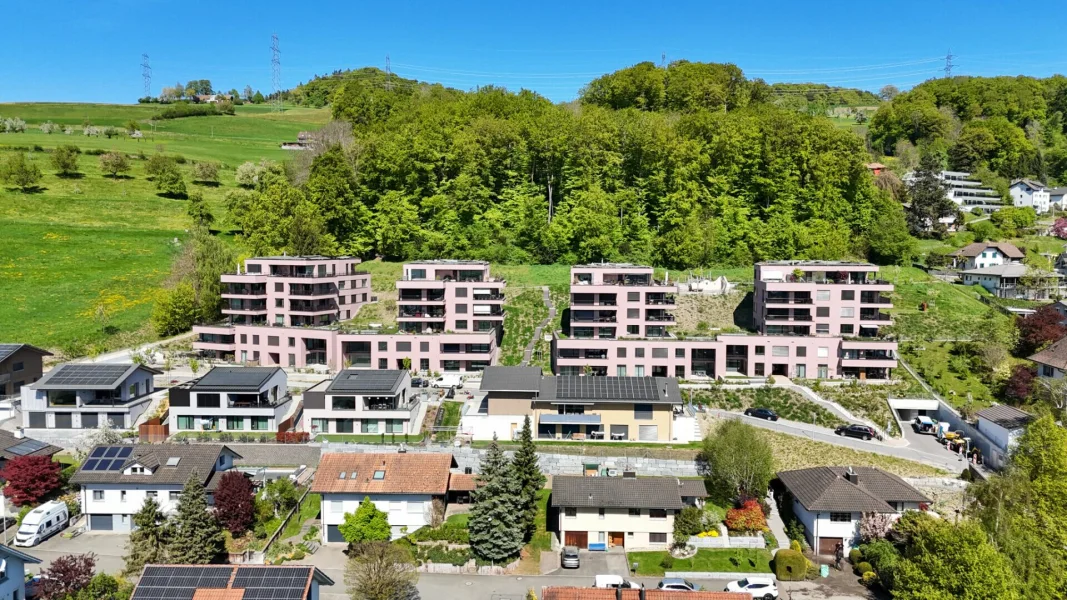 Luftaufnahme einer Wohnsiedlung am Hang