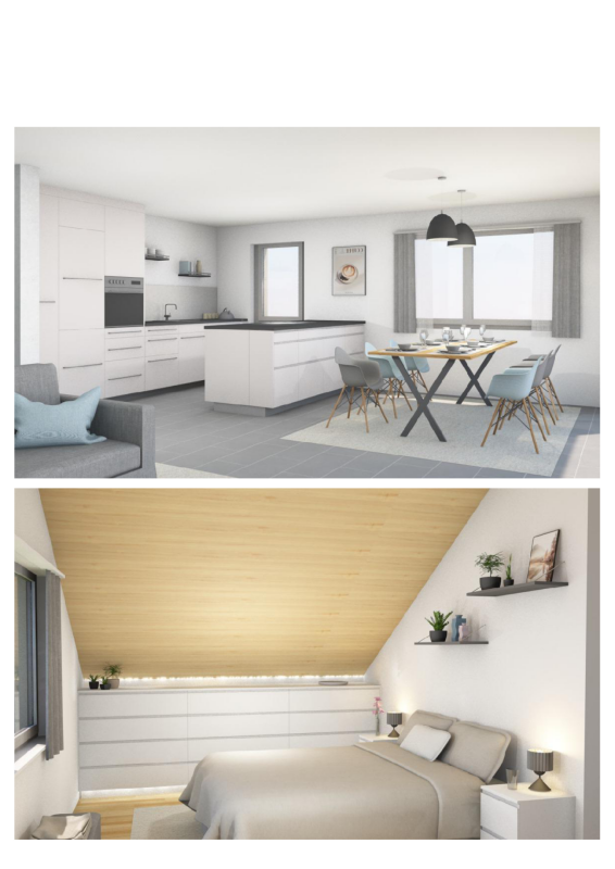 Moderne offene Wohnküche und Schlafzimmer mit Dachschräge