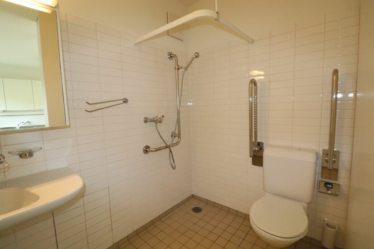 Badezimmer mit barrierearmen Duschbereich und WC