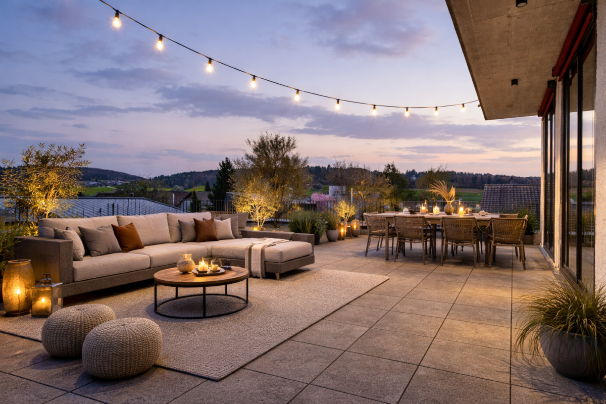 Dachterrasse mit Lounge- und Essbereich bei Sonnenuntergang
