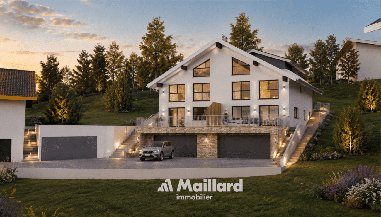 Modernes Haus in Hanglage bei Abendlicht
