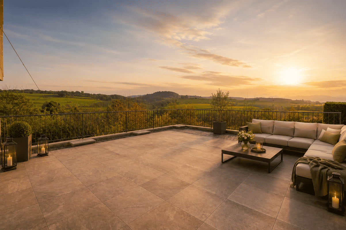 Terrasse mit Panoramablick bei Sonnenuntergang