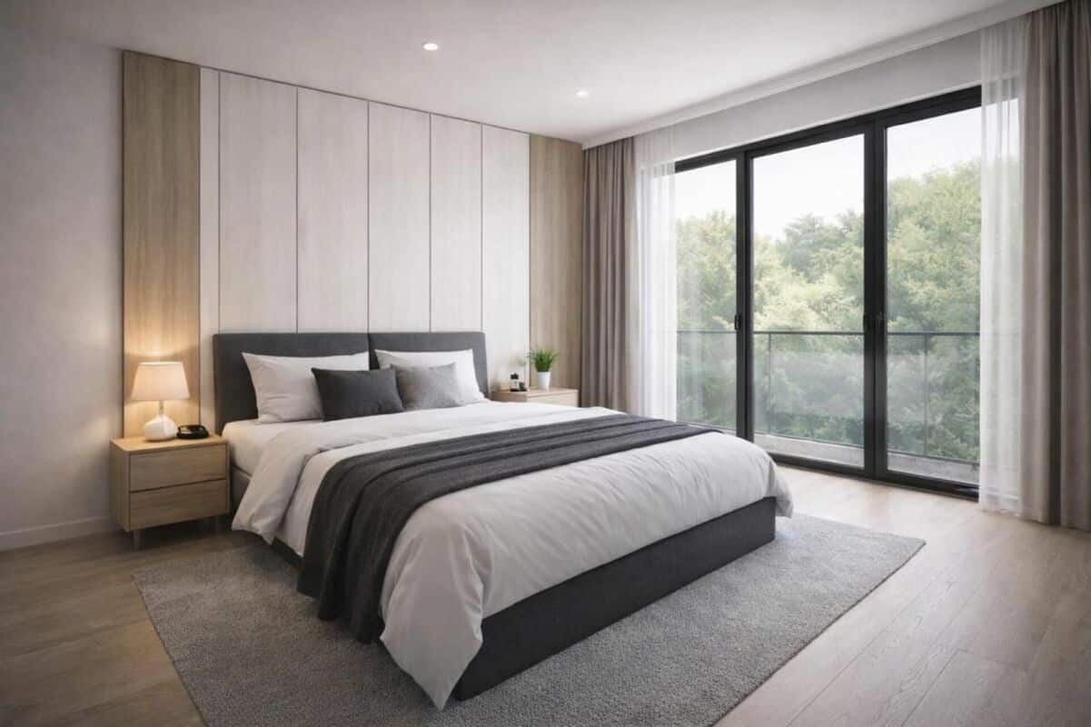 Modernes Schlafzimmer mit großem Fenster