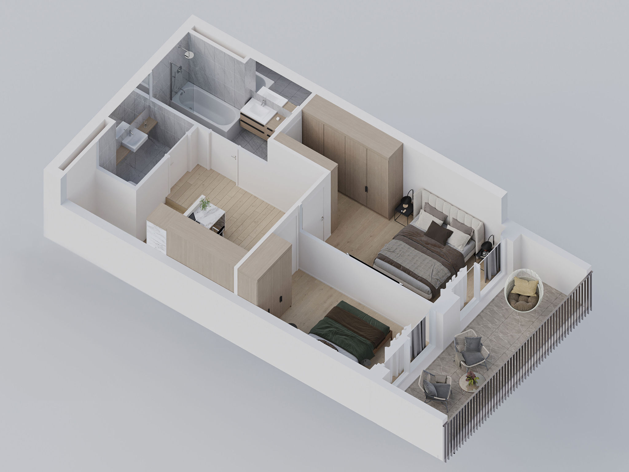 Grundriss einer kompakten Wohnung mit Schlafzimmer, Bad und Terrasse