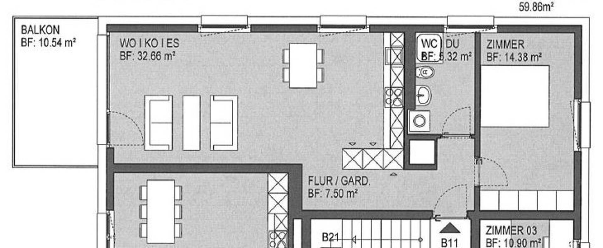 Grundriss einer Wohnung mit Balkon