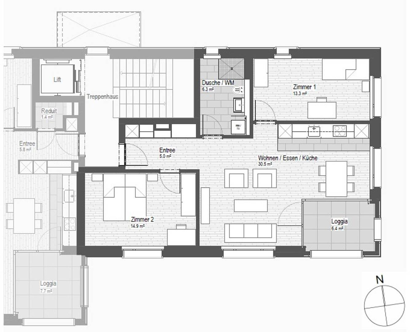 Grundriss einer Wohnung mit Loggien