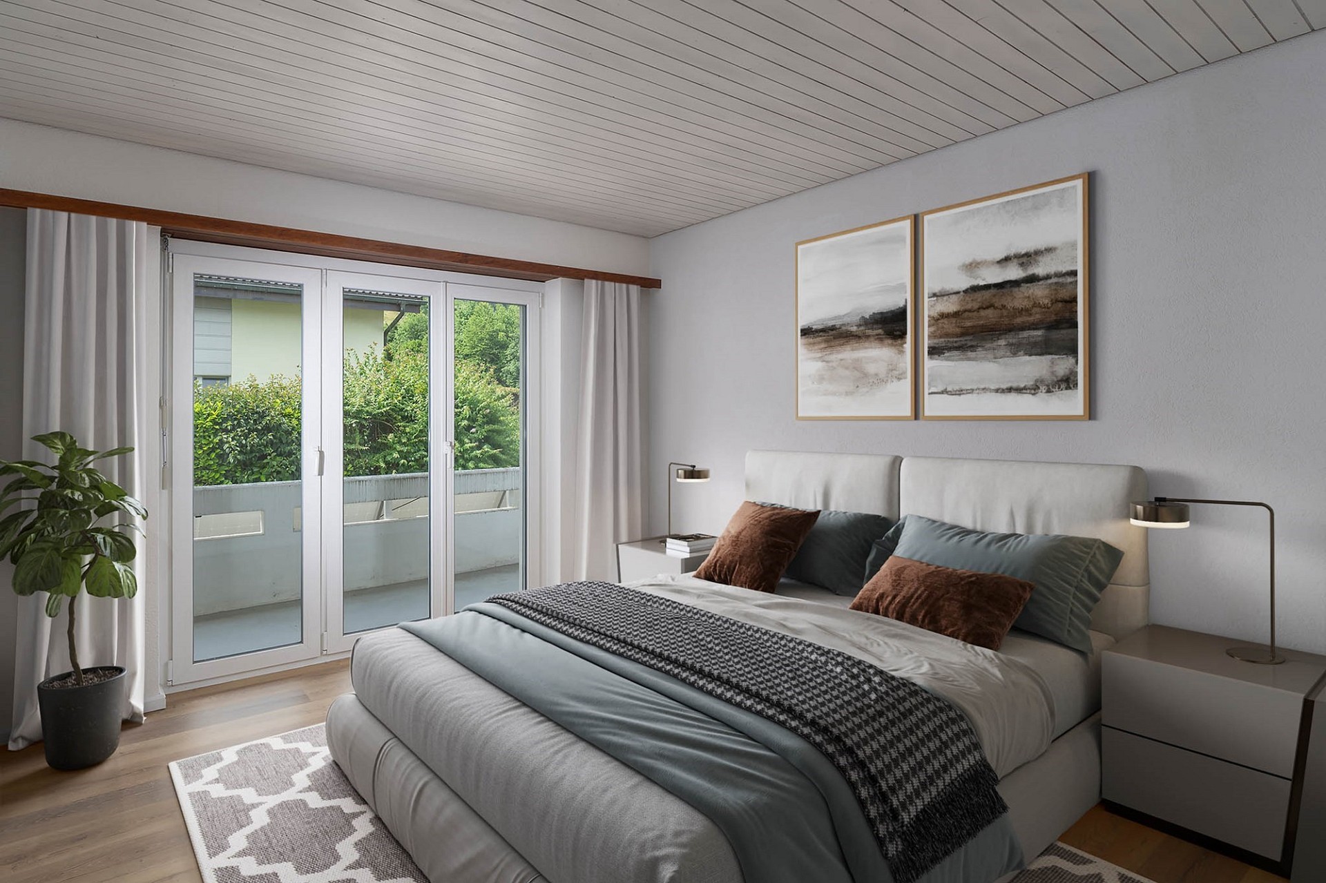 Modernes Schlafzimmer mit Balkonzugang