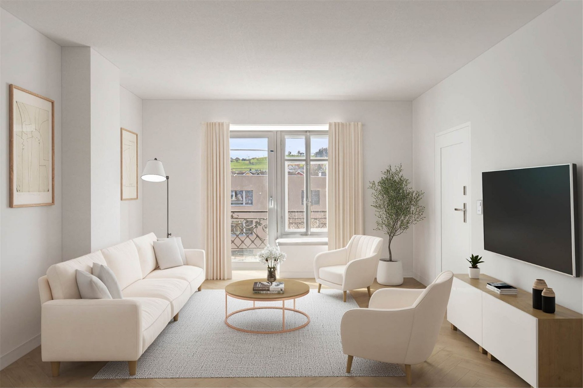Helles, minimalistisches Wohnzimmer mit Staging-Möbeln