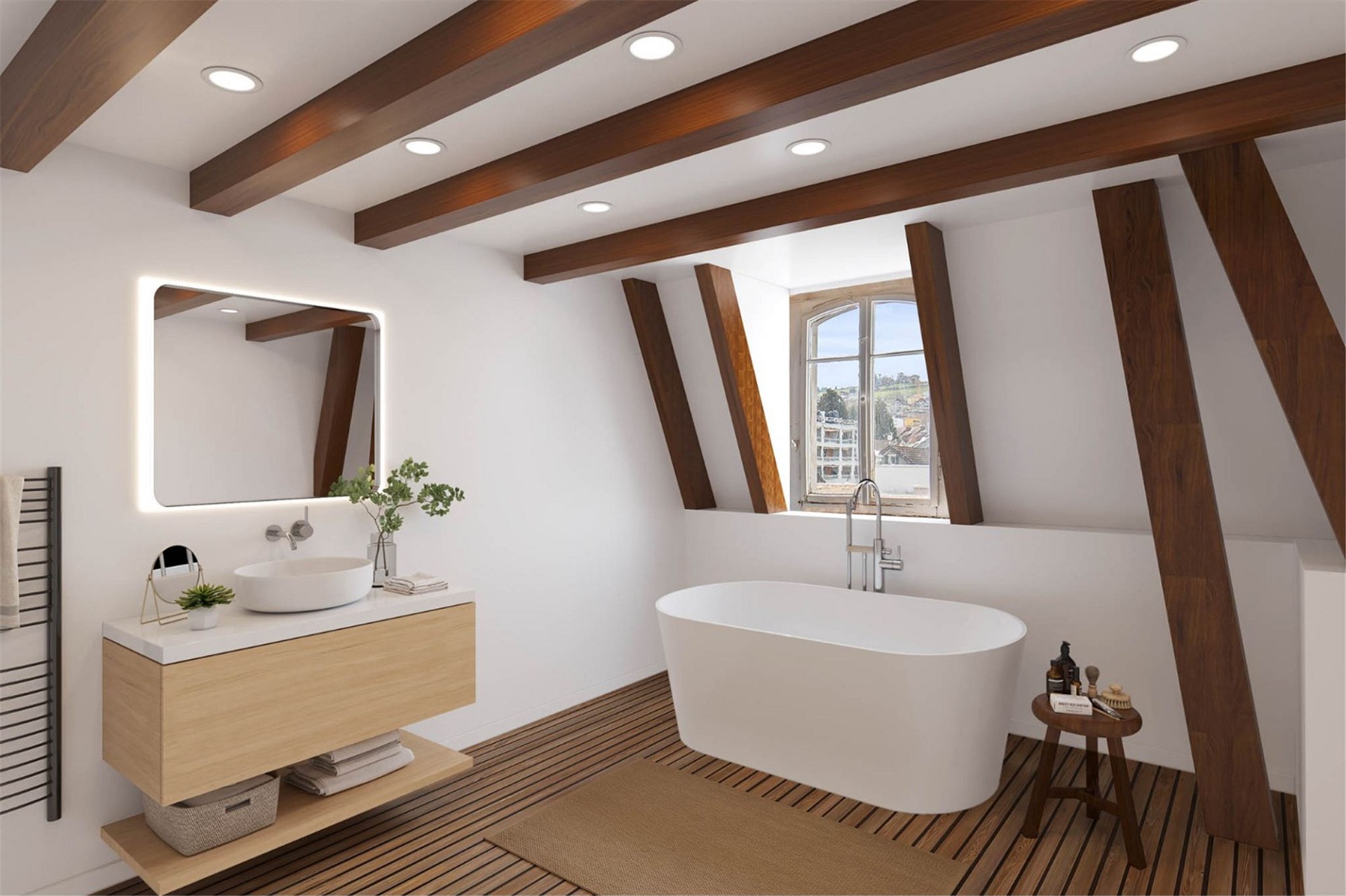 Modernes Dachbad mit freistehender Wanne
