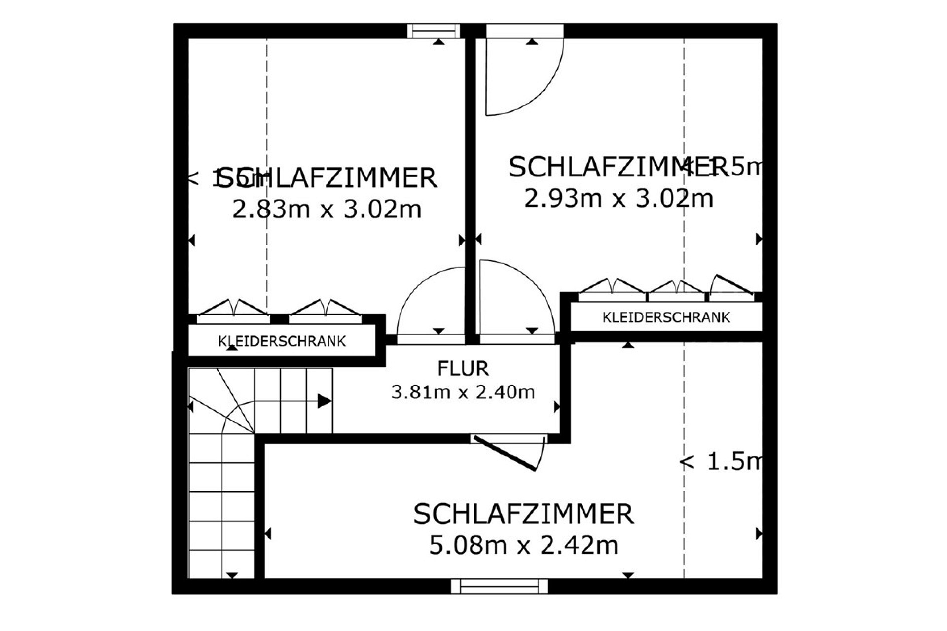 Grundriss eines Obergeschosses mit drei Schlafzimmern und Flur