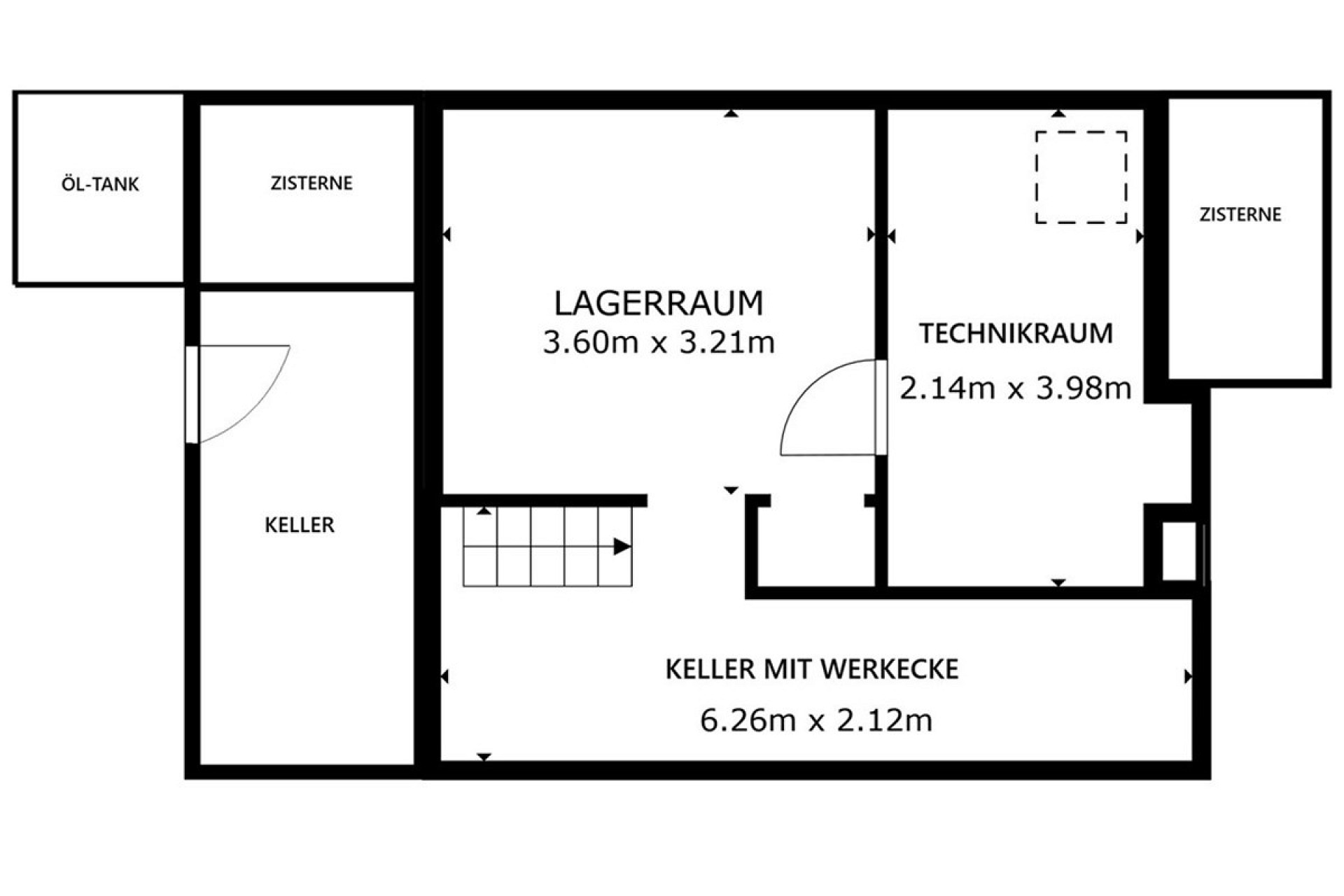Keller-Grundriss mit Lagerraum und Technikraum