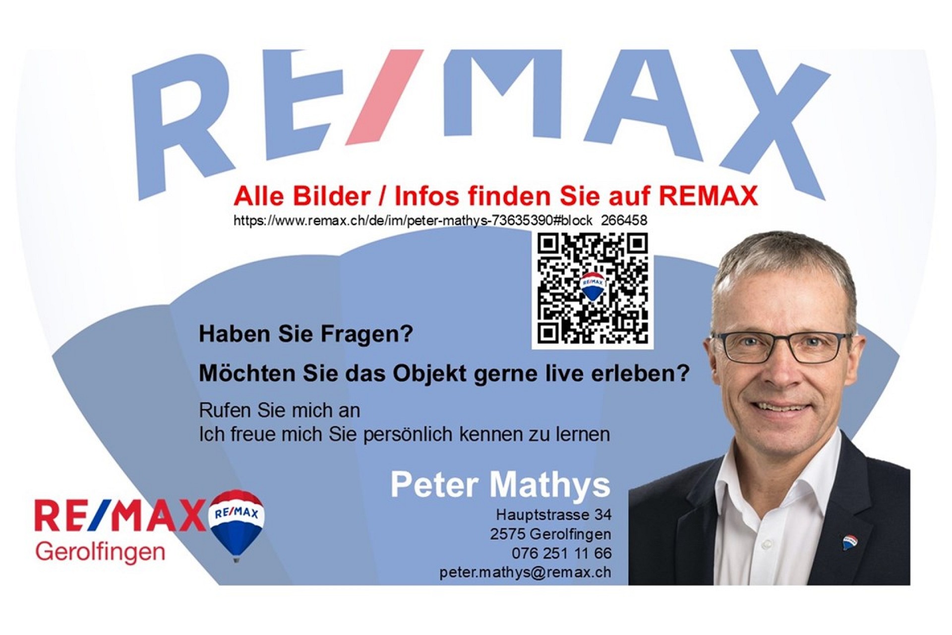 RE/MAX-Werbegrafik mit Maklerkontakt