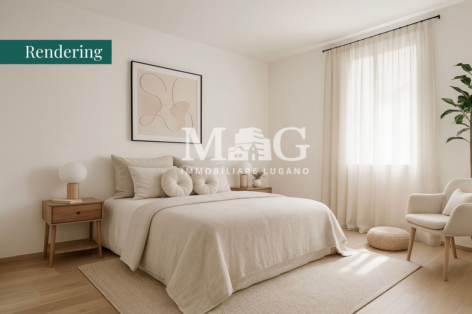 Helles, minimalistisch eingerichtetes Schlafzimmer