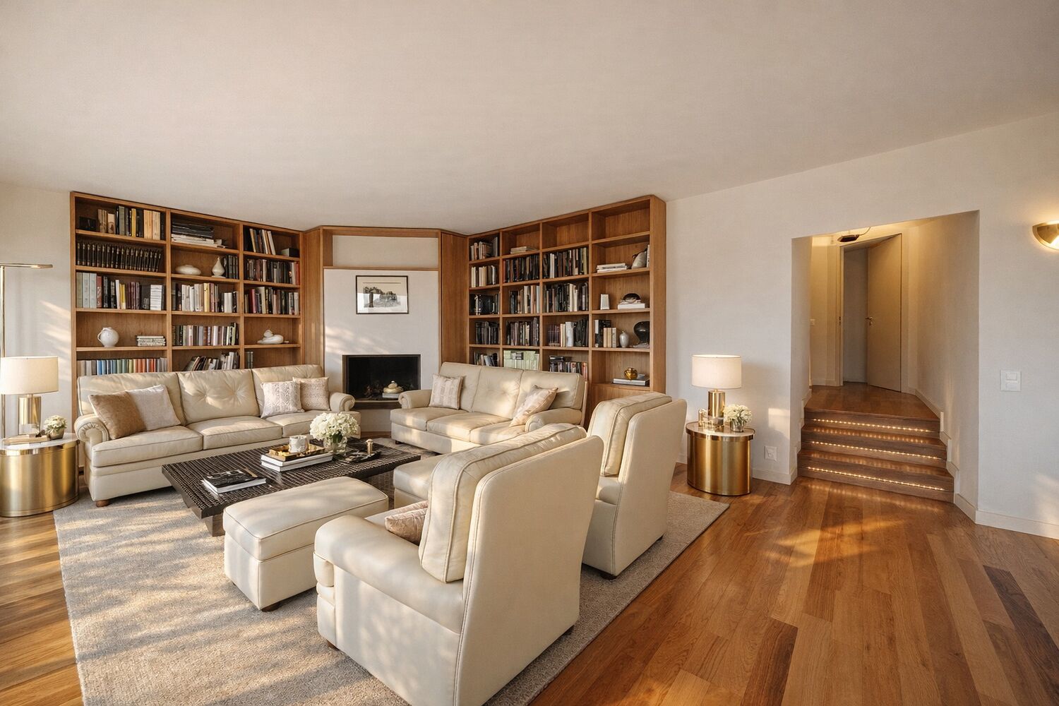 Elegantes Wohnzimmer mit Bücherwand und Kamin