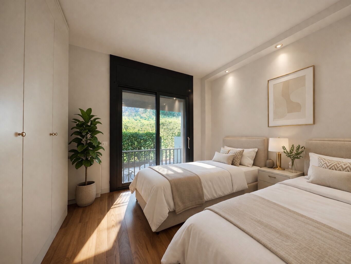 Helles, modernes Schlafzimmer mit zwei Einzelbetten