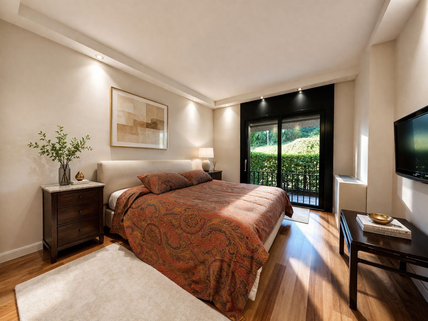 Modernes Schlafzimmer mit Balkonblick