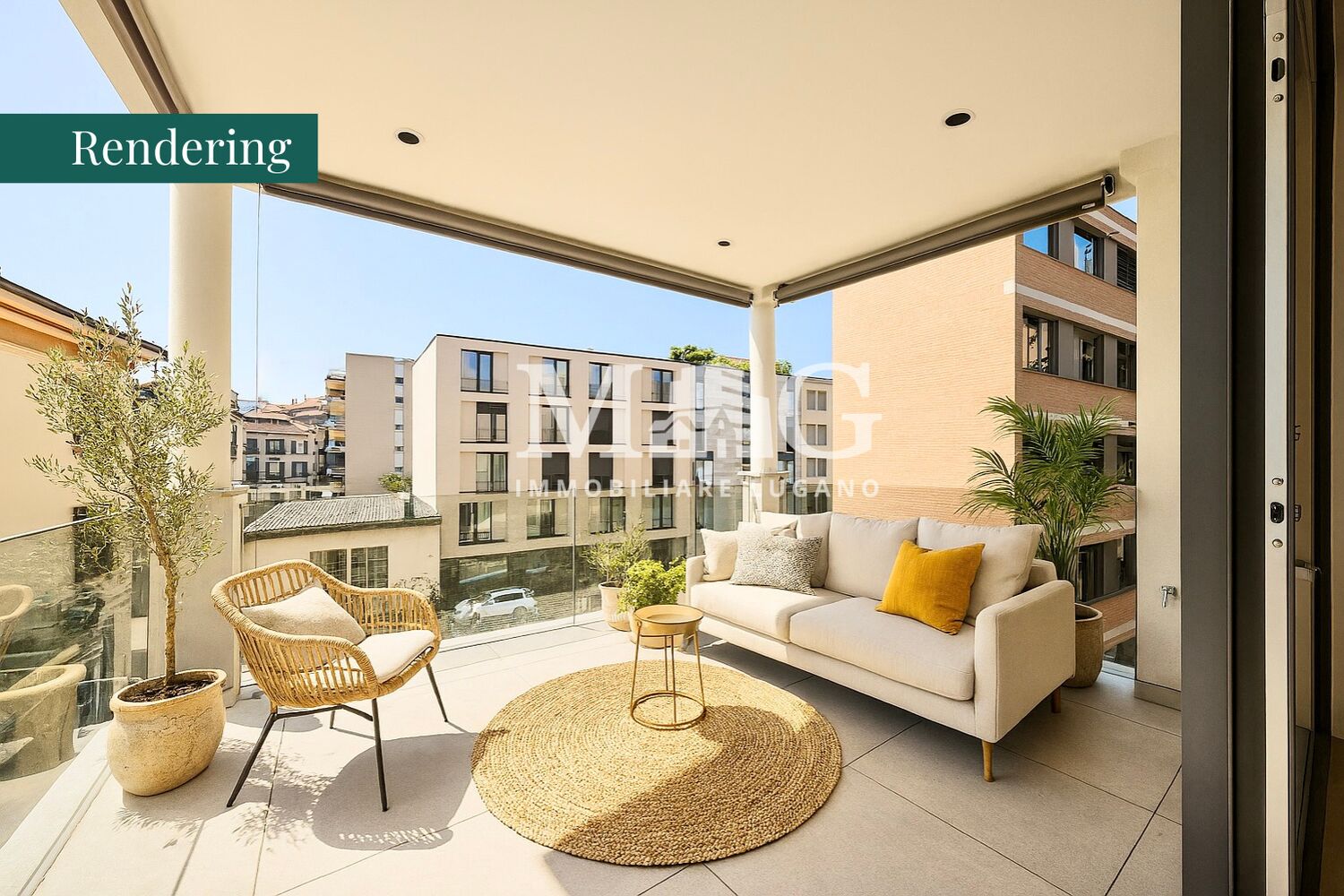 Moderne Balkon-Terrasse mit Lounge-Möbeln
