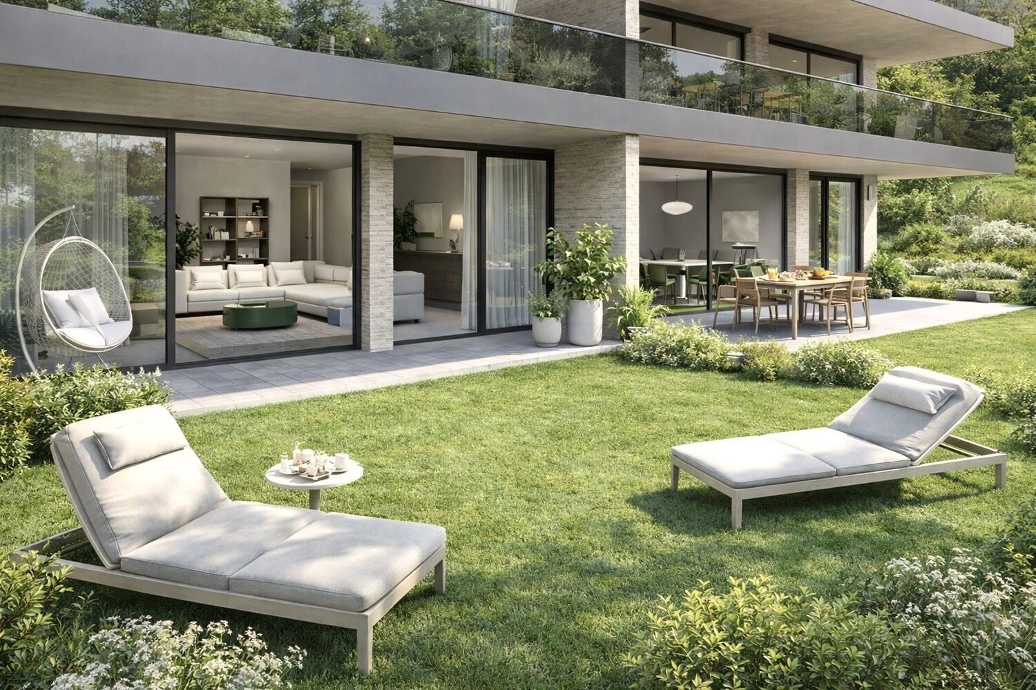 Moderner Hausgarten mit Terrasse und Wohnbereich