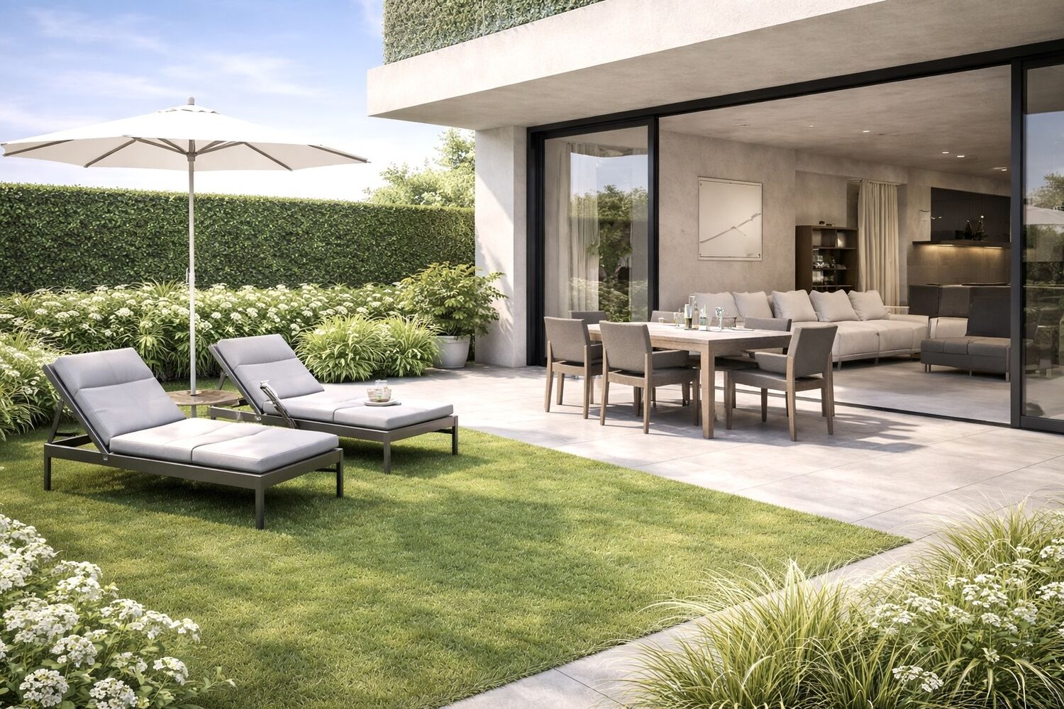 Moderner Garten mit Terrasse und Wohn-/Essbereich