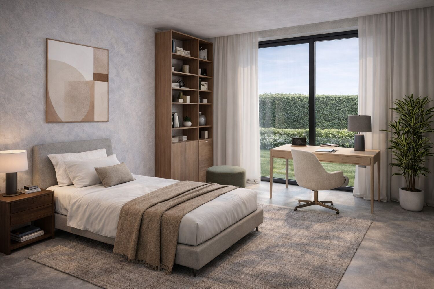 Helles, modernes Schlafzimmer mit Arbeitsplatz und Gartenblick