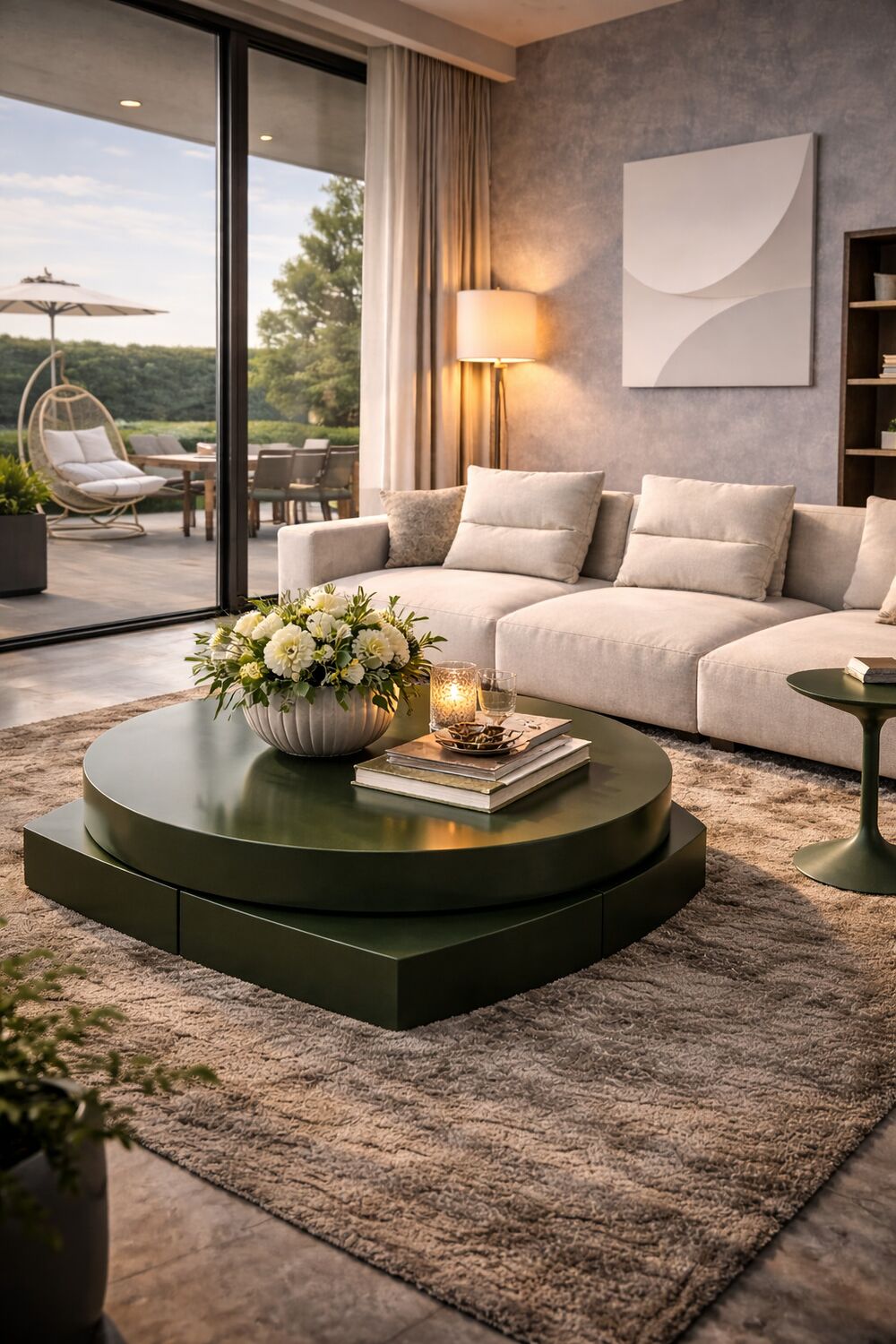 Stilvoll eingerichtetes Wohnzimmer mit Gartenzugang